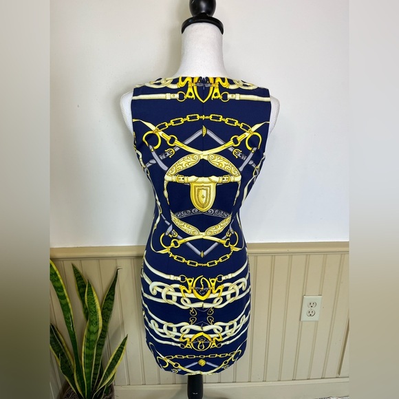 J.McLaughlin Chain Print Dress XS Navy Gold Nautical Equestrian Brunch Preppy - Picture 5 of 10